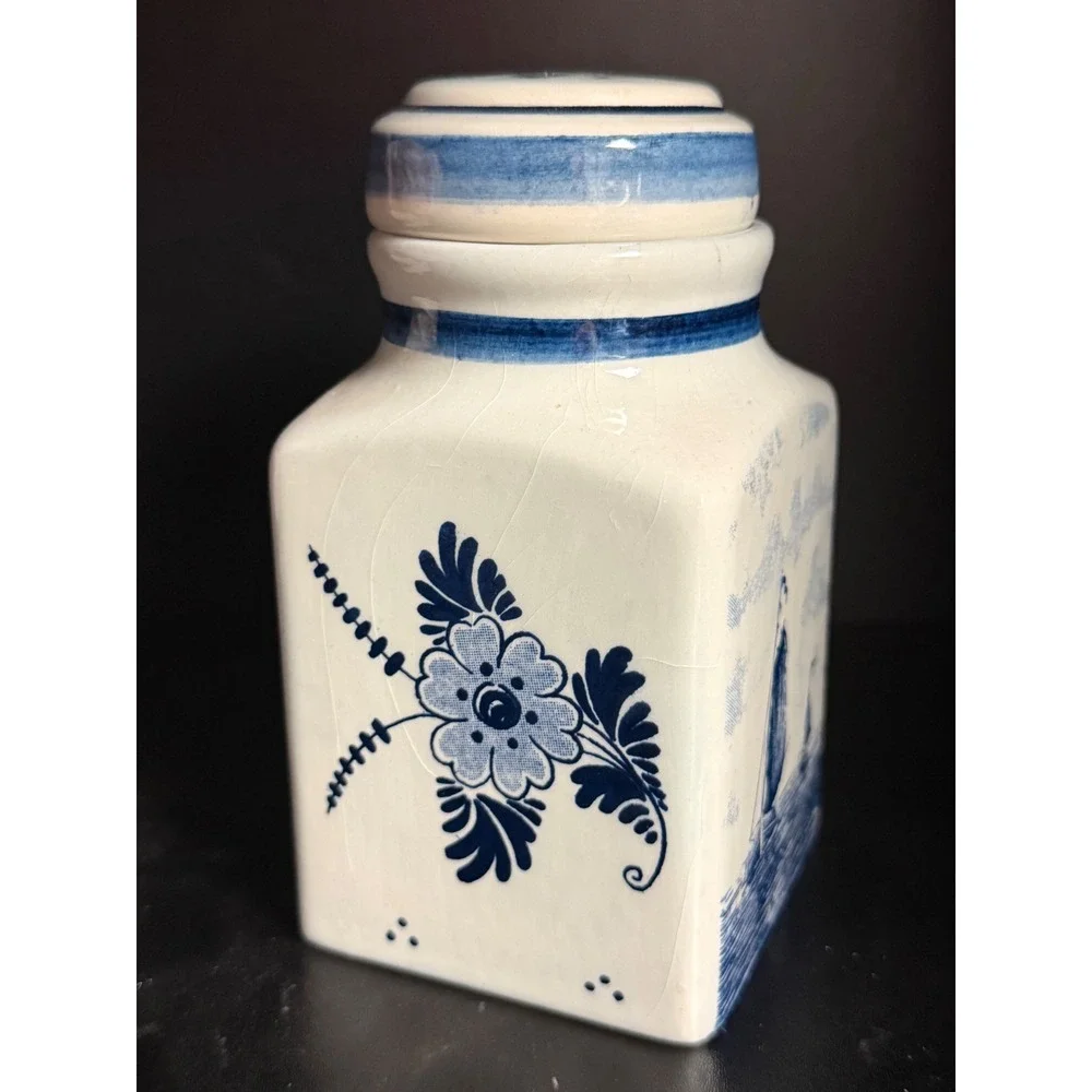 Delfts Blauw Handpainted Ceramic Spice Jar Windmill Ship Floral Made in Holland
